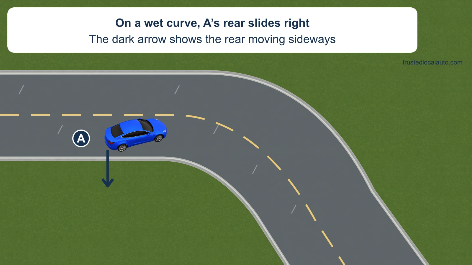 Blue car A is on a wet two-lane curve with visible rain marks. Its front points left of its intended eastbound path, and a dark arrow at the rear depicts the rear sliding to the driver’s right, not a steering instruction.