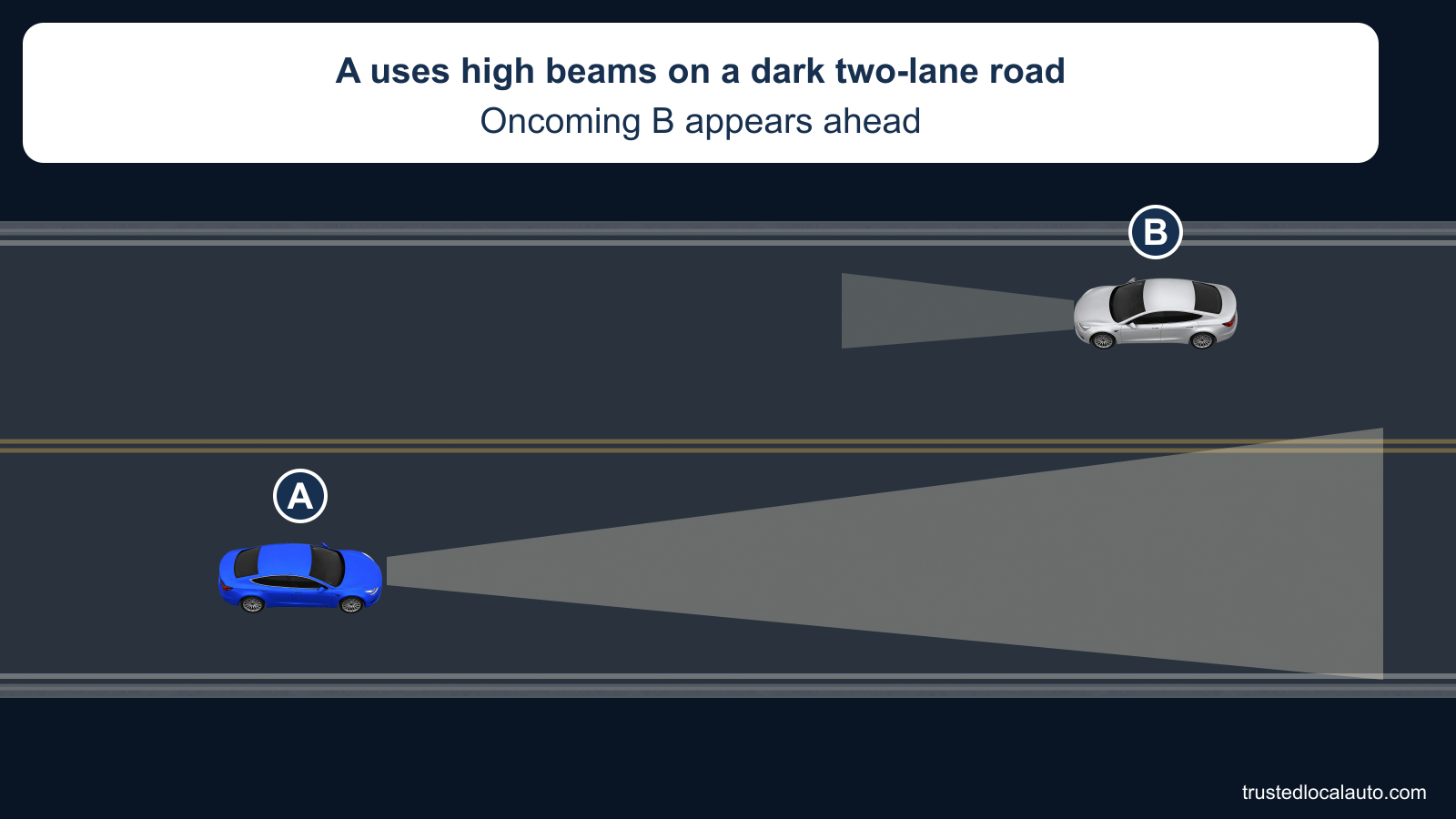 A uses high beams on a dark two-lane road while oncoming B is in its own opposing lane. No distance or dimming threshold is displayed before the answer.