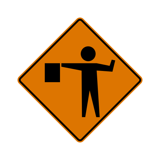 Orange diamond warning sign with a black figure holding a flag.