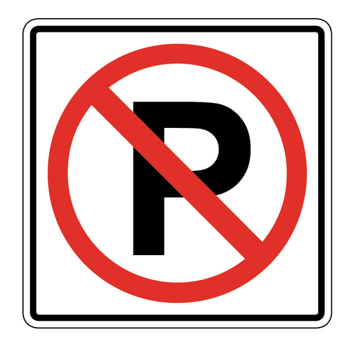 A white rectangular sign has a black letter P inside a red circle with a diagonal red slash. No words, days or hours are on the face.
