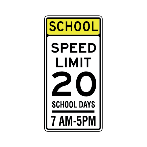 A yellow SCHOOL header sits above a white SPEED LIMIT 20 sign. The lower plaque reads SCHOOL DAYS and 7 AM–5 PM.