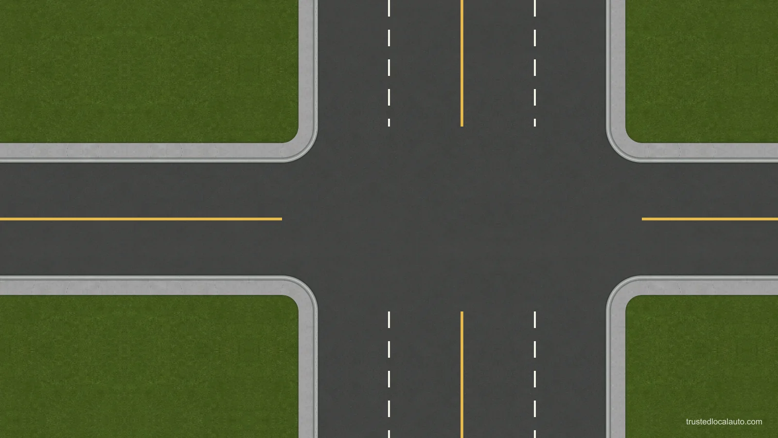 An empty four-way intersection with two approach lanes in each direction on the vertical road, a yellow centreline on the horizontal road, curbs and sidewalks. No vehicle, selected lane or turn path is shown.
