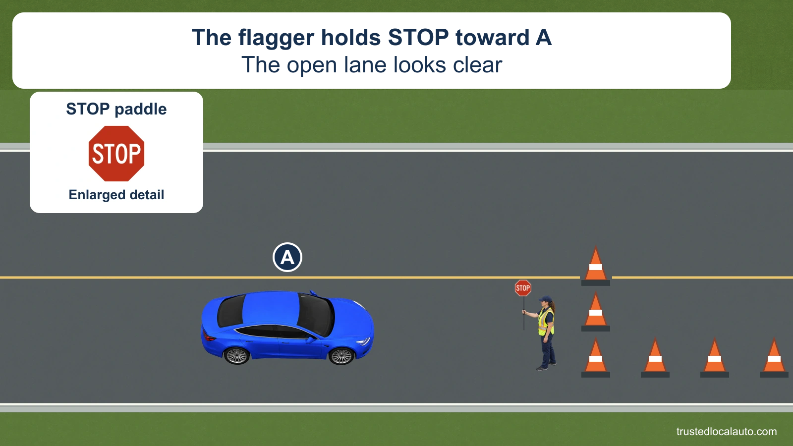 Blue car A approaches a flagger holding a STOP paddle. Cones close one lane while the remaining lane is empty. An inset enlarges the same STOP paddle.