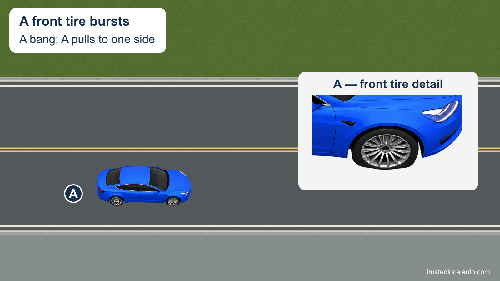 Blue A is on the highway after a front tire bursts. An enlarged detail of the same approved part shows the flattened front tire. The question has no marked recovery route, chosen steering angle or pedal instruction.