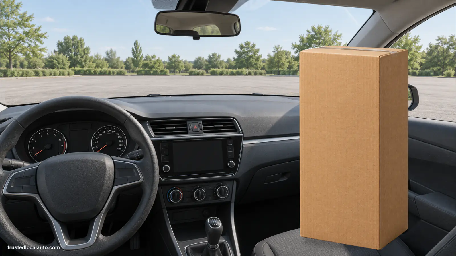 A passenger-car cabin contains a box on the passenger side that blocks part of the driver’s view through the windshield.