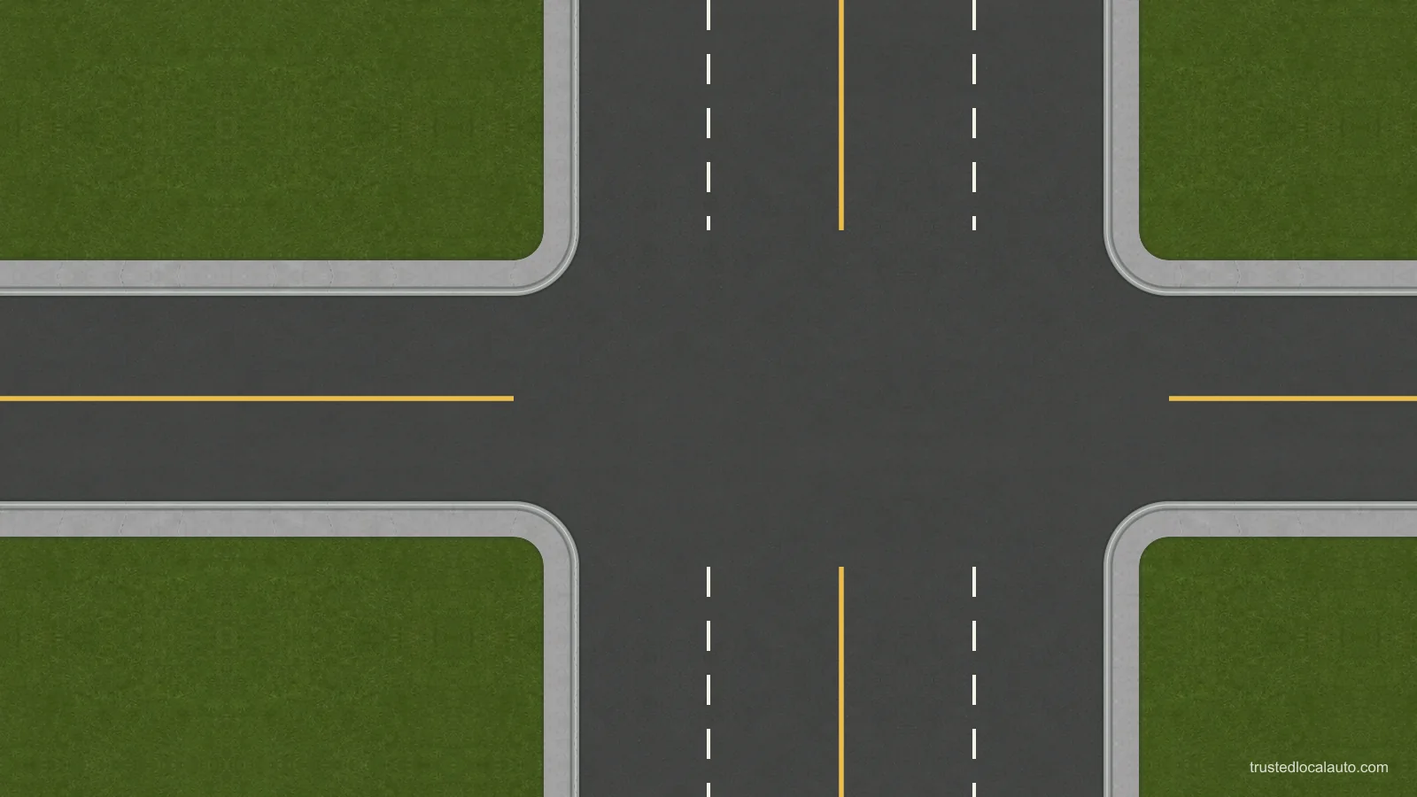 An unoccupied intersection has curbs, a two-way horizontal road, and a crossing road with two lanes in each direction. No vehicle position or turning route is selected.