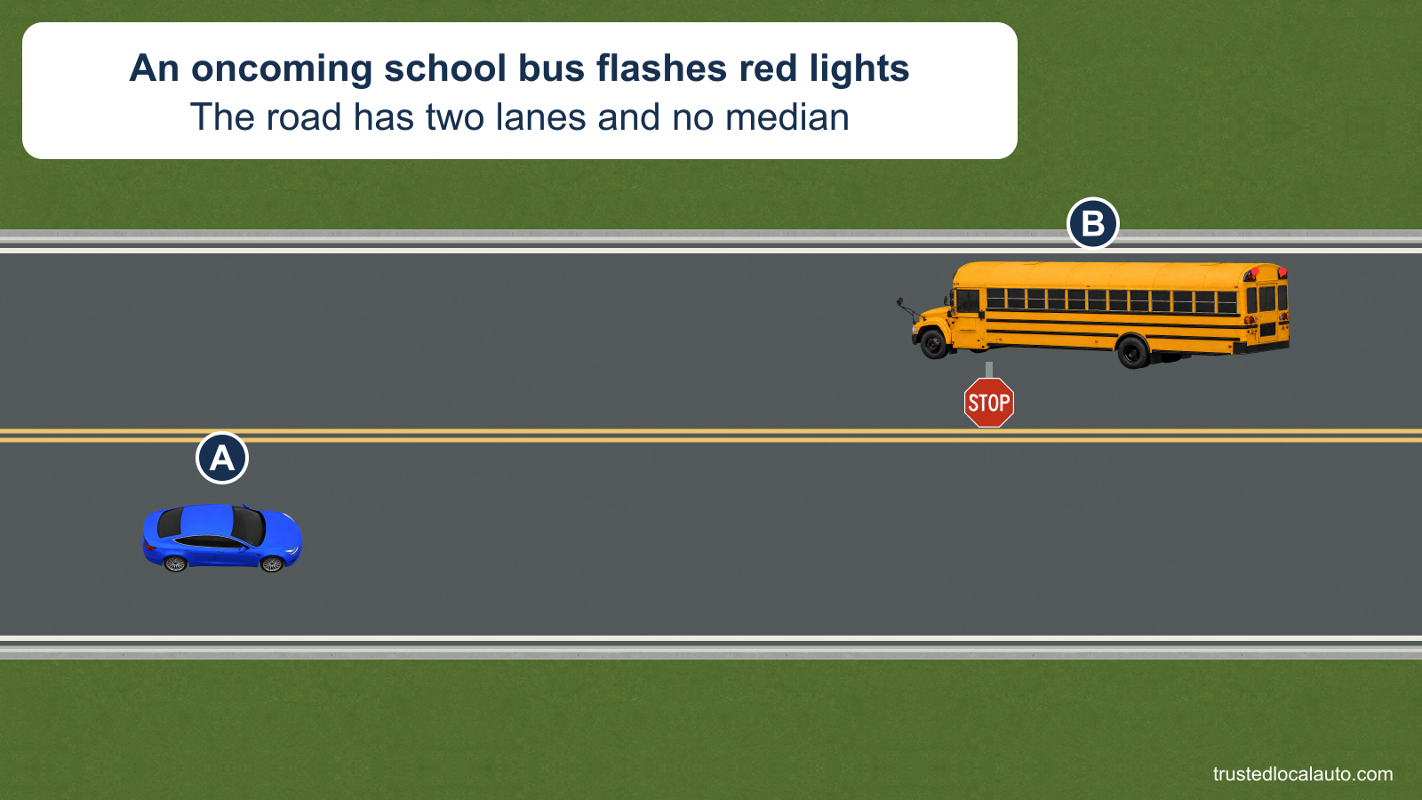 A approaches a stopped school bus coming the other way on an undivided two-lane road. Red bus lamps and an extended stop arm are visible; A is far back with no stop-distance mark.