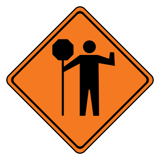 An orange diamond with a black inset border showing a black person holding an octagonal paddle on a pole, with the other arm bent upward.