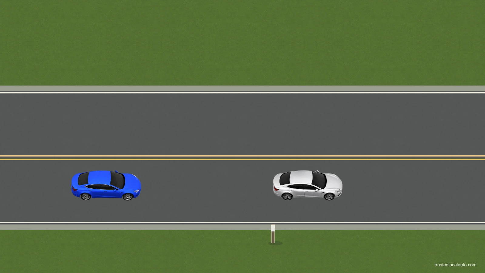 Two cars travel right in the same lane on a dry two-way road. A roadside post provides a fixed reference. The unlabelled blue learner follows the silver car, and no counting time appears.