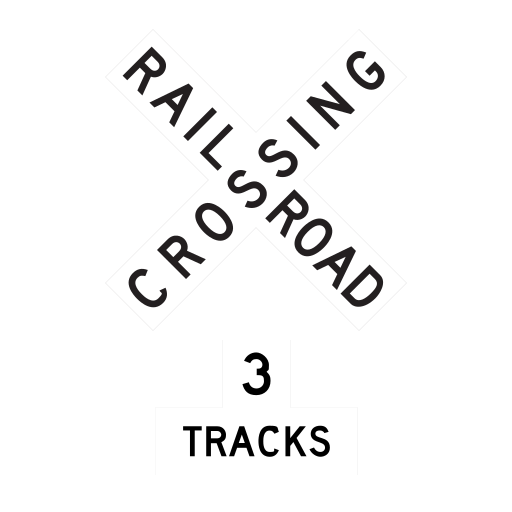 Two white boards form an X with the black words RAILROAD CROSSING. A separate white plate below reads 3 TRACKS.