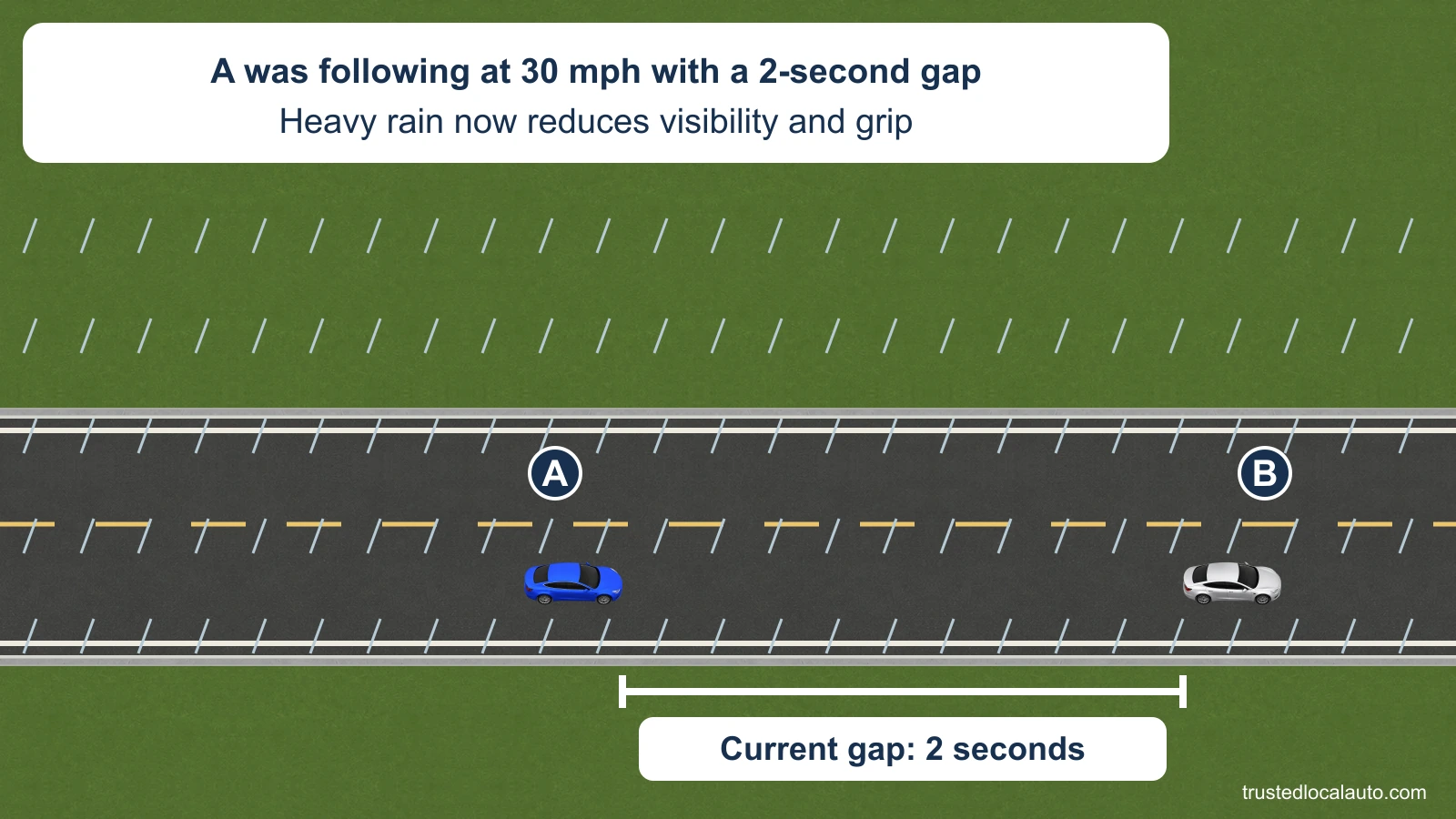 A follows B at 30 mph with the stated two-second gap as heavy rain begins.