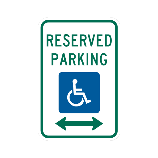 A white parking sign has green RESERVED PARKING words above a blue square with a white wheelchair symbol, and a green two-headed arrow below.