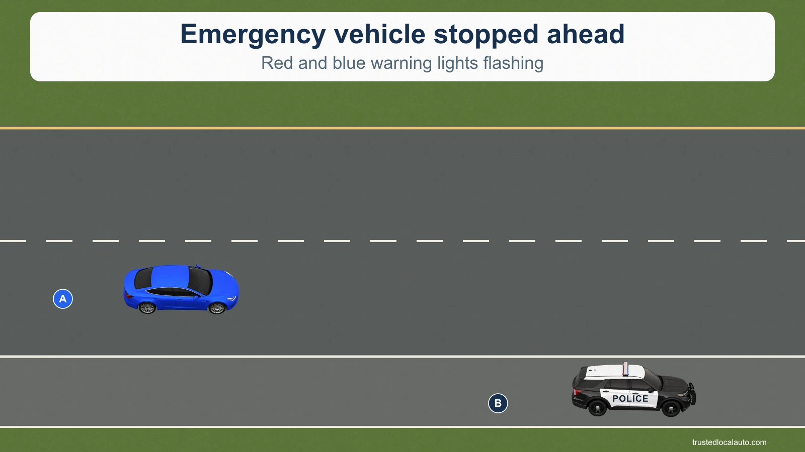A blue car approaches a police SUV stopped on the paved right shoulder with its red and blue emergency lights operating. Two same-direction travel lanes are visible.