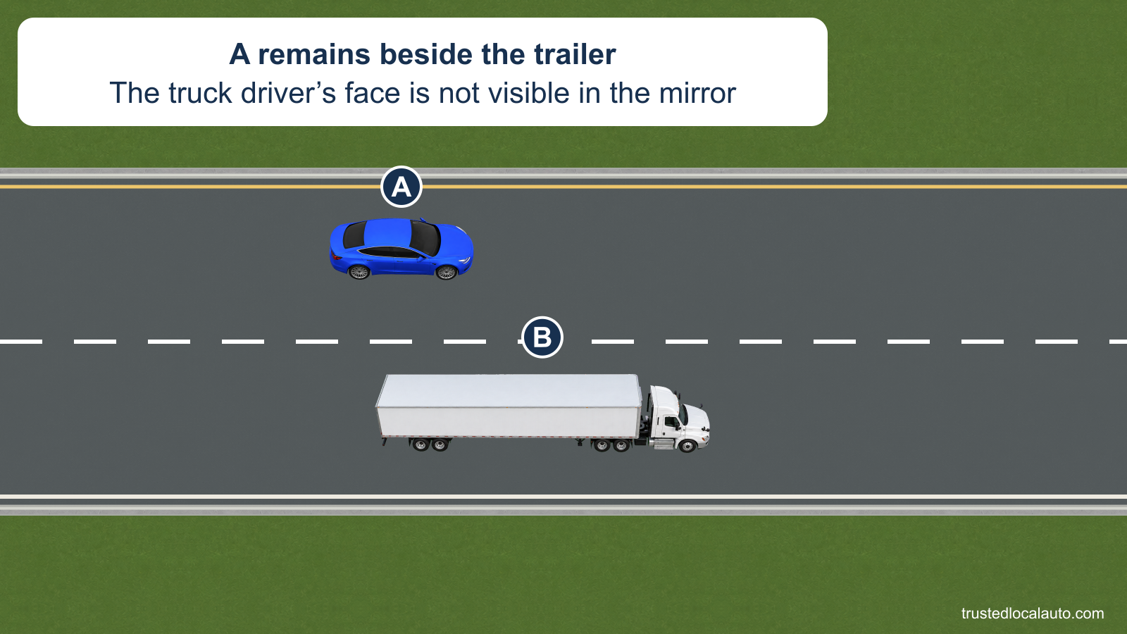 A travels in the lane to the left of a large truck and remains alongside its trailer. The card states that the truck driver’s face is not visible in the side mirror.