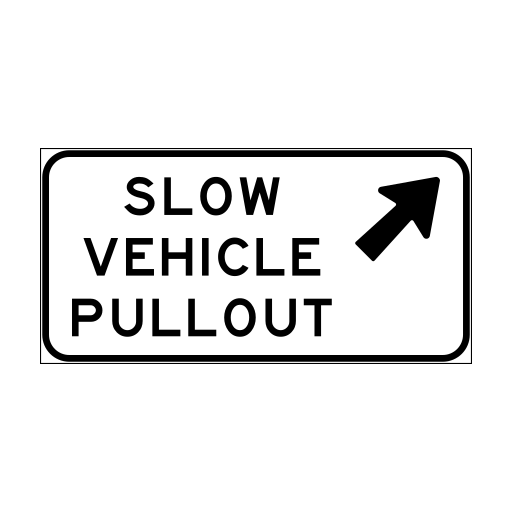 A white rectangle reads SLOW VEHICLE PULLOUT and has a black arrow pointing diagonally up and right.