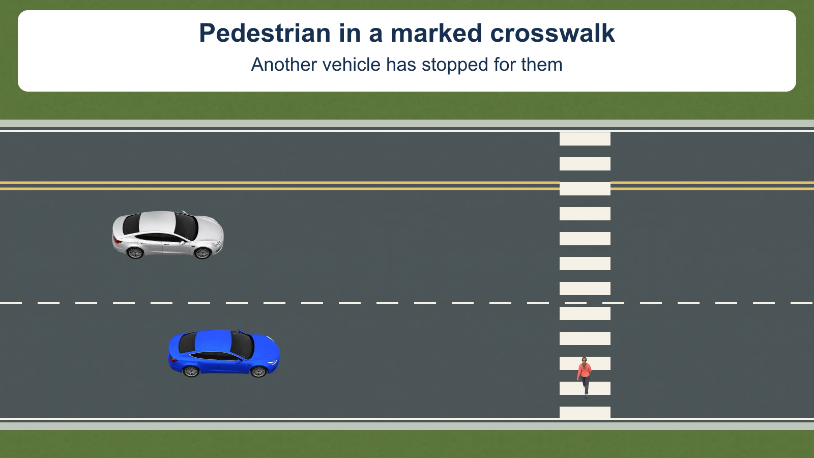 A pedestrian is in the marked crosswalk ahead. A silver car has stopped in the adjacent lane, and the blue learner approaches behind the crossing. There are no traffic signals or chosen passing path.