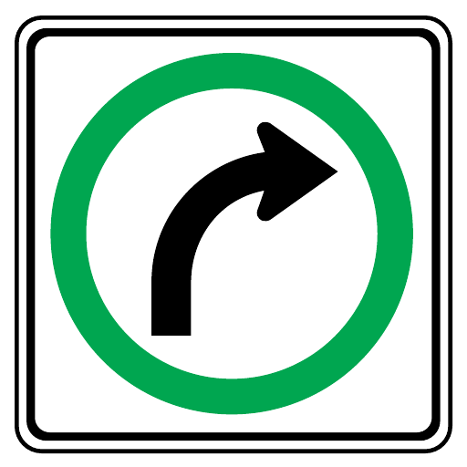 A black arrow curves right inside a green ring on a white square with rounded black borders.
