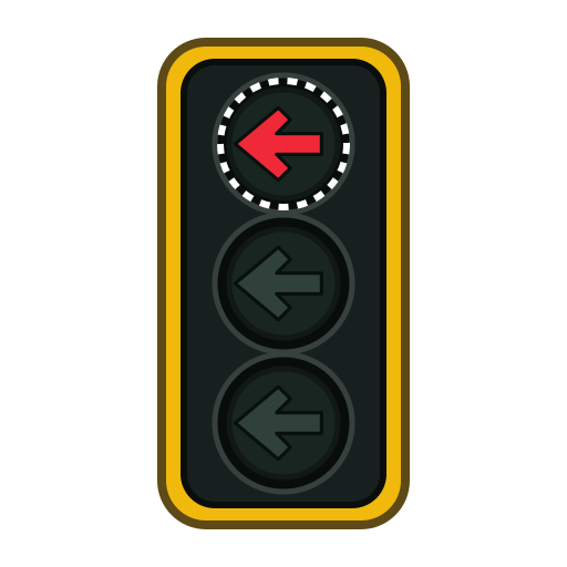 An arrow-signal housing has a red left arrow illuminated in its top position. A dashed ring indicates flashing. The yellow and green arrows are dark.