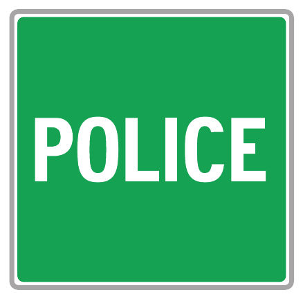 Green rectangular service sign with the word POLICE in white and a complete white border.