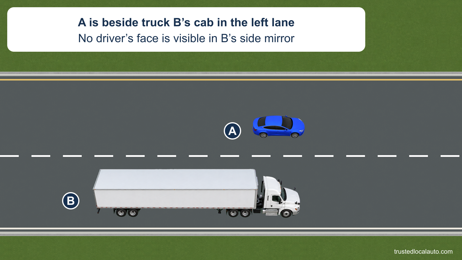 A travels in the lane to the left of tractor-trailer B, alongside its cab. The card states that A cannot see the truck driver’s face in the side mirror; no blind-area boundary or chosen response is shown.