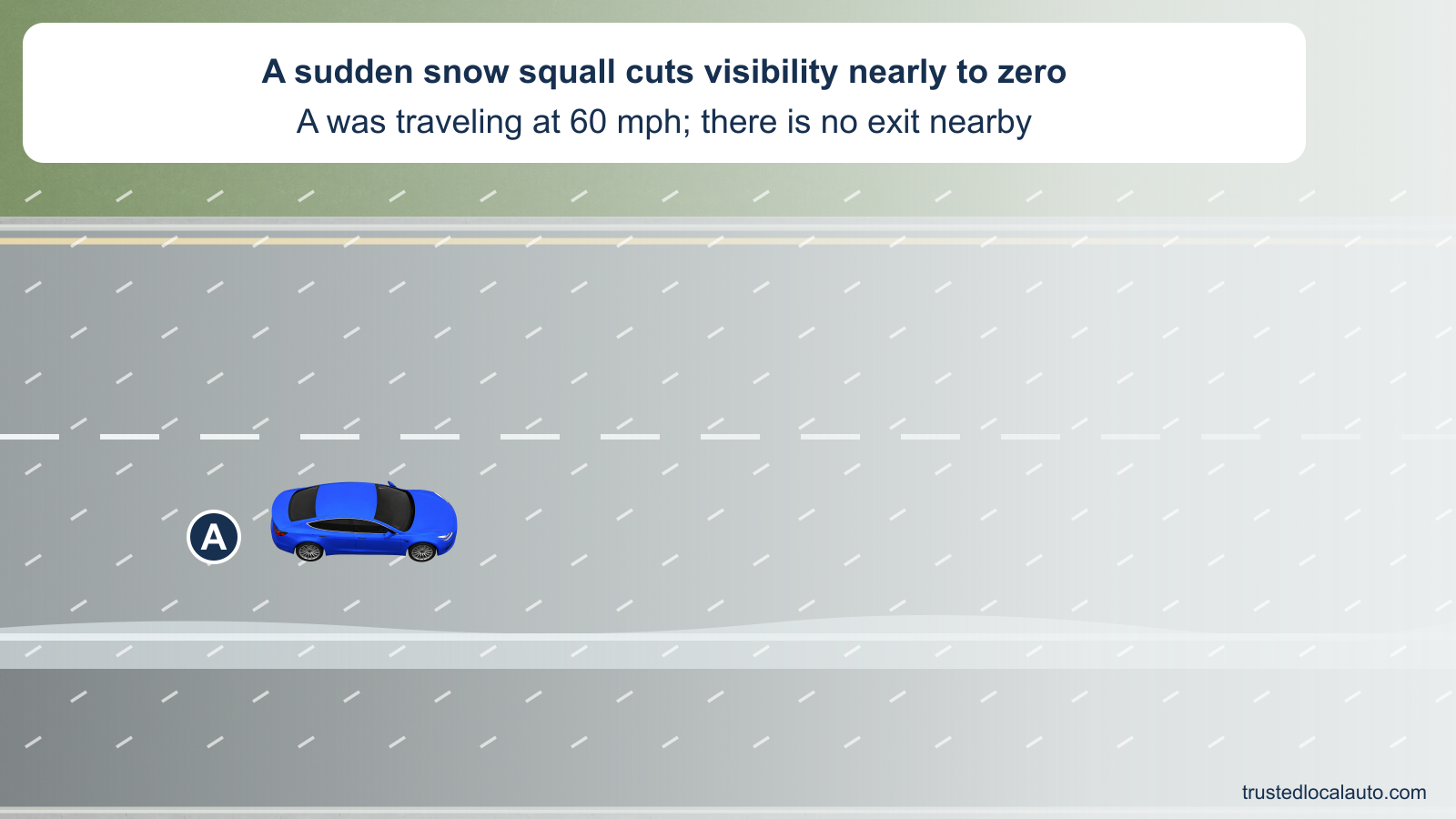 A is in the right lane of an interstate as a sudden snow squall makes the pavement slick and fades the road into near-whiteout ahead. Falling snow obscures the lane markings. The card states an initial 60 mph speed and no nearby exit.