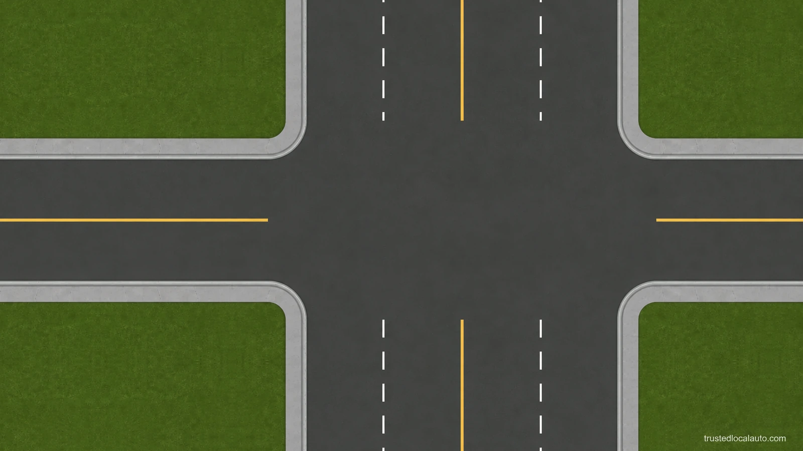 An empty ordinary intersection has rounded concrete corners and lane markings. No car, selected approach position or turn path is shown.