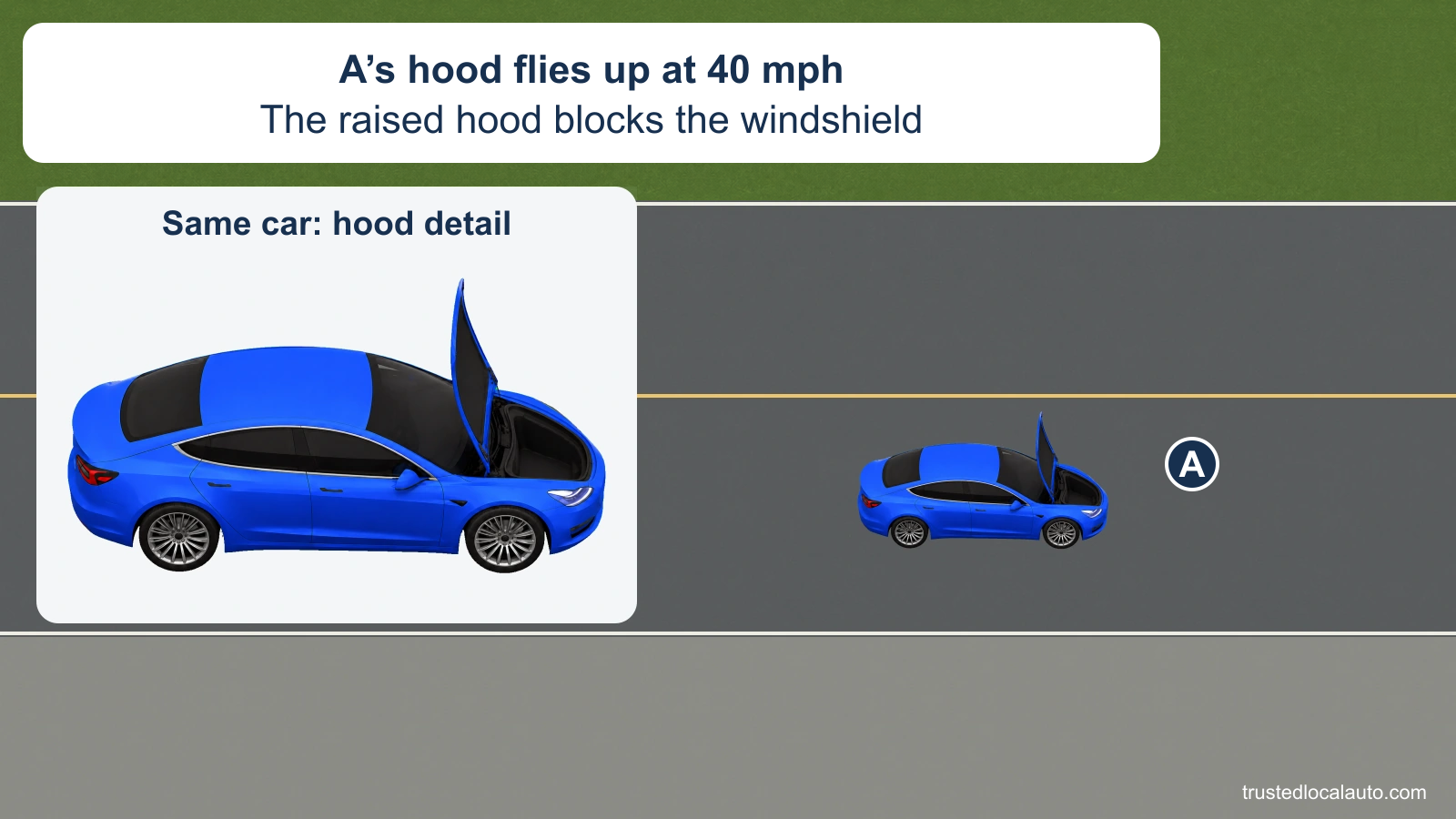A’s hood has flown up while traveling at 40 mph and blocks the windshield. A larger detail shows the same raised hood; the car is in its lane beside a clear right shoulder.
