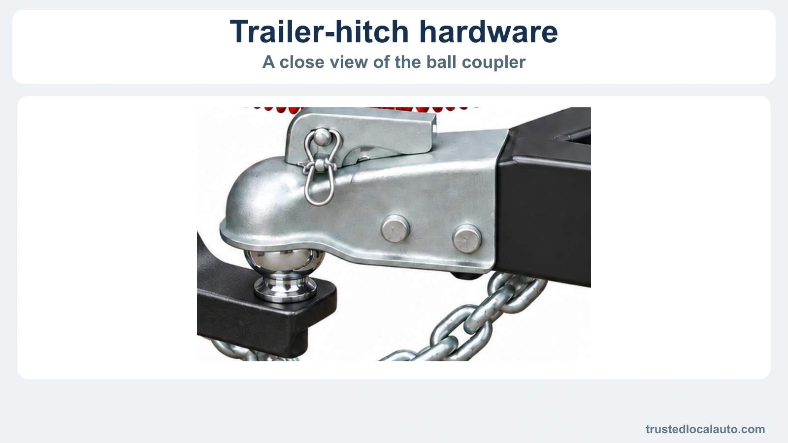 A close view of a trailer’s ball coupler and tongue. The wider safety-chain and breakaway connections are not shown in this initial hardware detail.