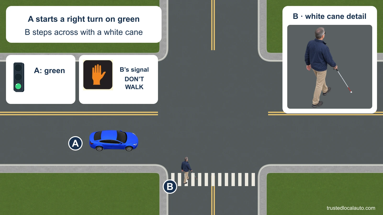 A begins a right turn at a green light while pedestrian B steps into the receiving street with a white cane. Enlarged details show the cane and the pedestrian signal’s raised orange hand, labeled DON’T WALK.