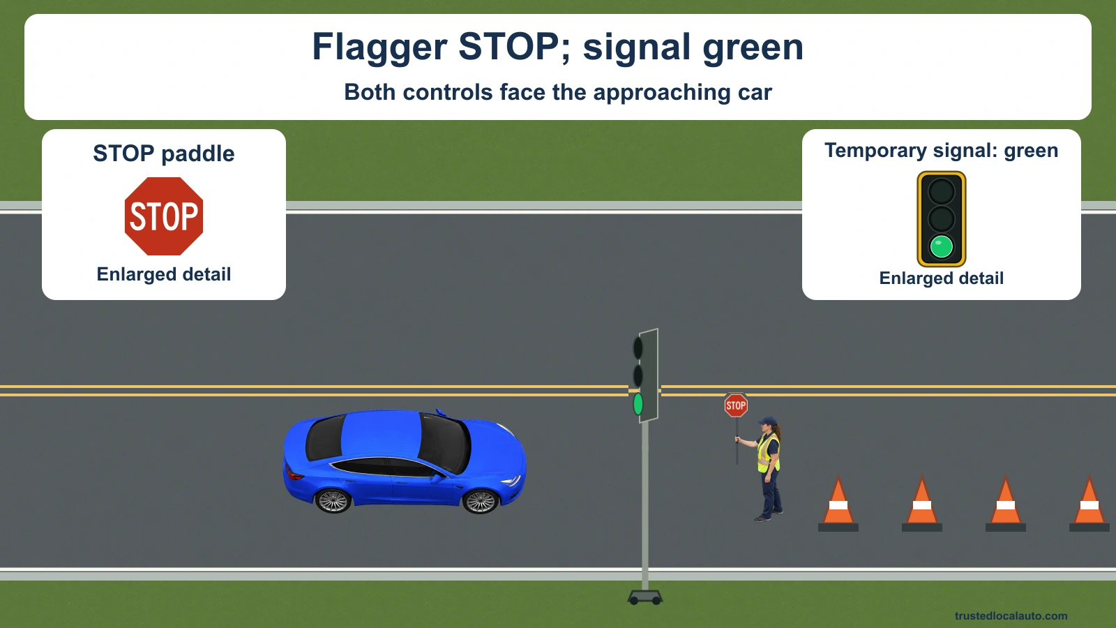 An authorized flagger holds a STOP paddle toward the approaching blue car. A temporary signal facing the same car shows green. Enlarged details show the STOP paddle and the lower green signal lens. Cones mark the work area beyond the flagger. Opposing traffic lanes have two solid yellow lines.