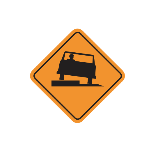 An orange diamond showing a car tilted on an uneven pavement surface.