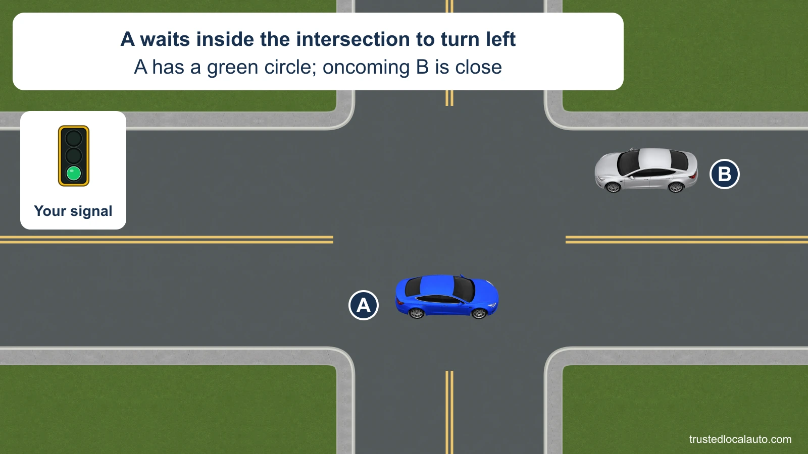 A waits inside the intersection to turn left on a circular green light. Silver B approaches in the opposite lane.
