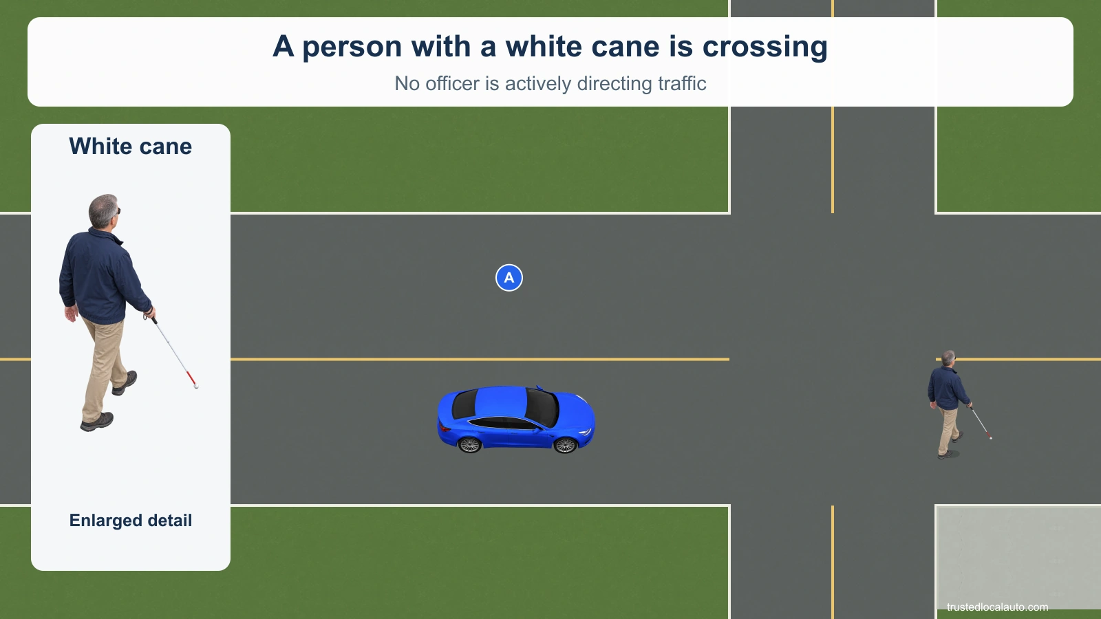 A white-cane pedestrian is already crossing the road at the intersection, ahead of car A. No officer is actively directing traffic. An enlarged detail shows the cane.