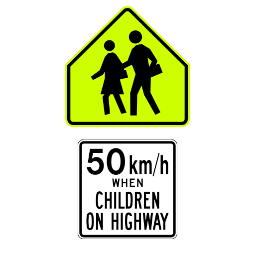 School-area pentagon above a 50 km/h WHEN CHILDREN ON HIGHWAY tab.