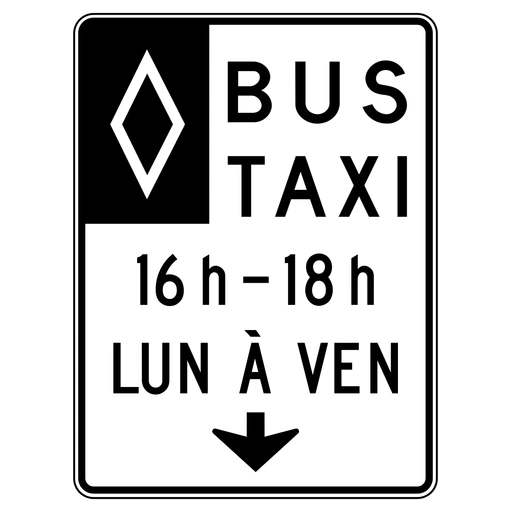 A white sign with a white diamond on a black panel, BUS and TAXI, 16 h–18 h, LUN À VEN and a downward arrow.