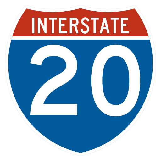 A shield has a red top band with INTERSTATE in white and a blue lower field with the white number 20.