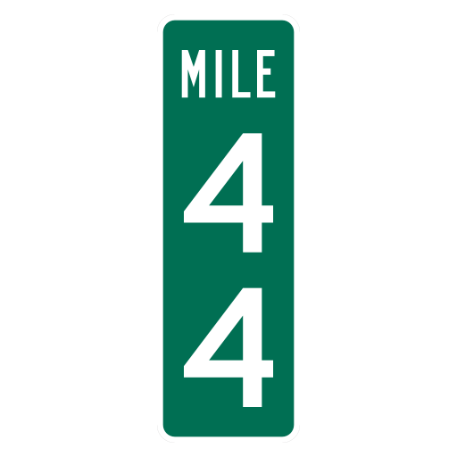 A tall green rectangle has the word MILE above two stacked white digits, each a 4, forming 44.
