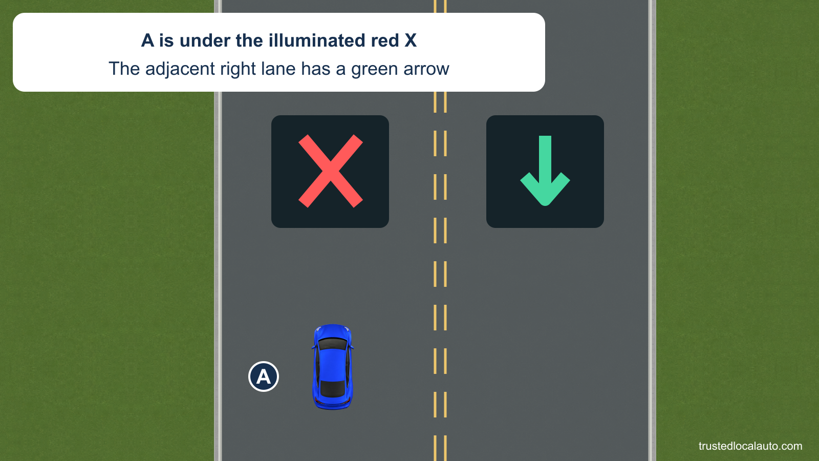 A occupies the lane below a red X; the lane to the right has a green downward arrow. No lane-change path is present before answering.