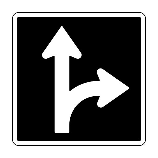 A black square with one white arrow that branches upward and right.