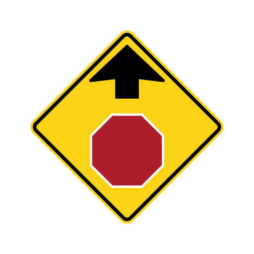 Yellow diamond warning sign with a black upward arrow above a red octagonal STOP symbol.