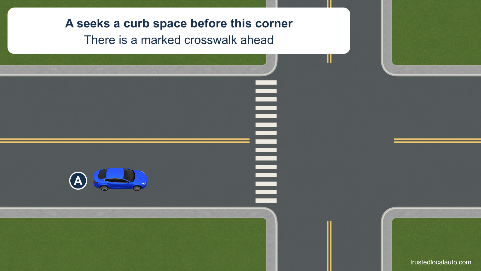 A approaches a curbside parking area before a marked crosswalk. No parking boundary or distance is identified in the question.