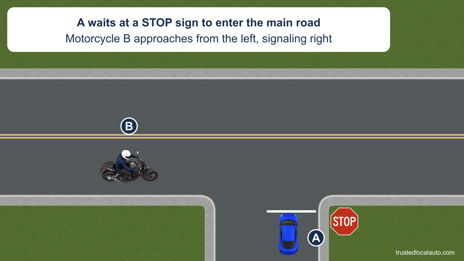 A waits behind a side-street stop line beside a STOP sign. Motorcycle B approaches from A’s left on the main road; the card states that its right signal is flashing.