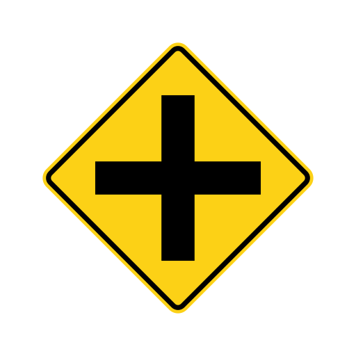 The exact official yellow diamond contains a black plus-shaped cross. No side-road traffic, STOP wording or explanatory label is added.