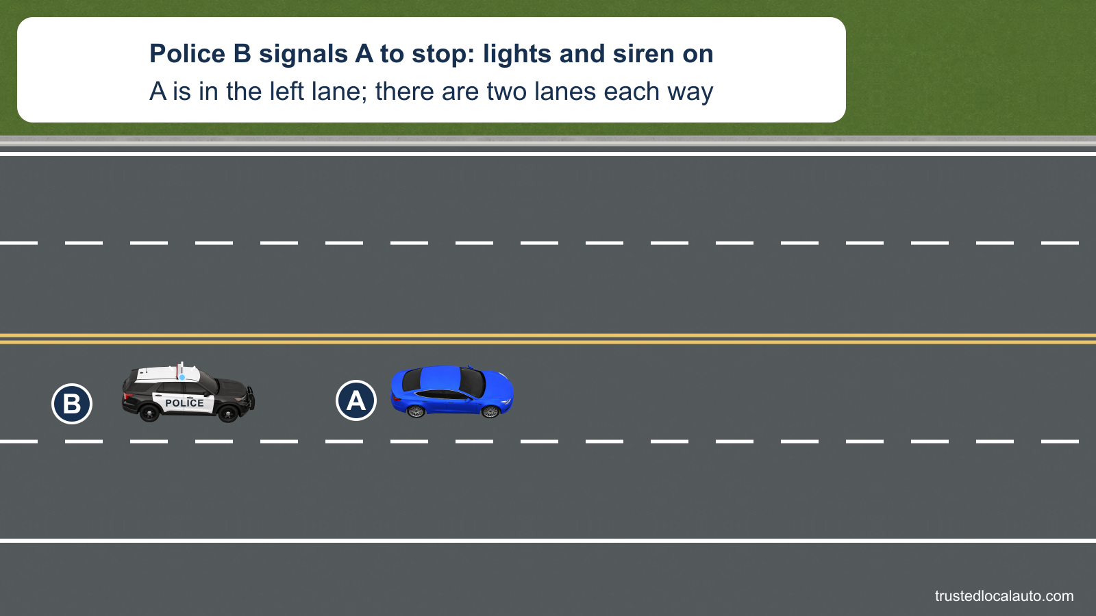 A travels in the left lane of a road with two lanes in each direction. Police vehicle B follows in the same lane with flashing blue lights; the card states that its siren is on and the officer signals A to stop.