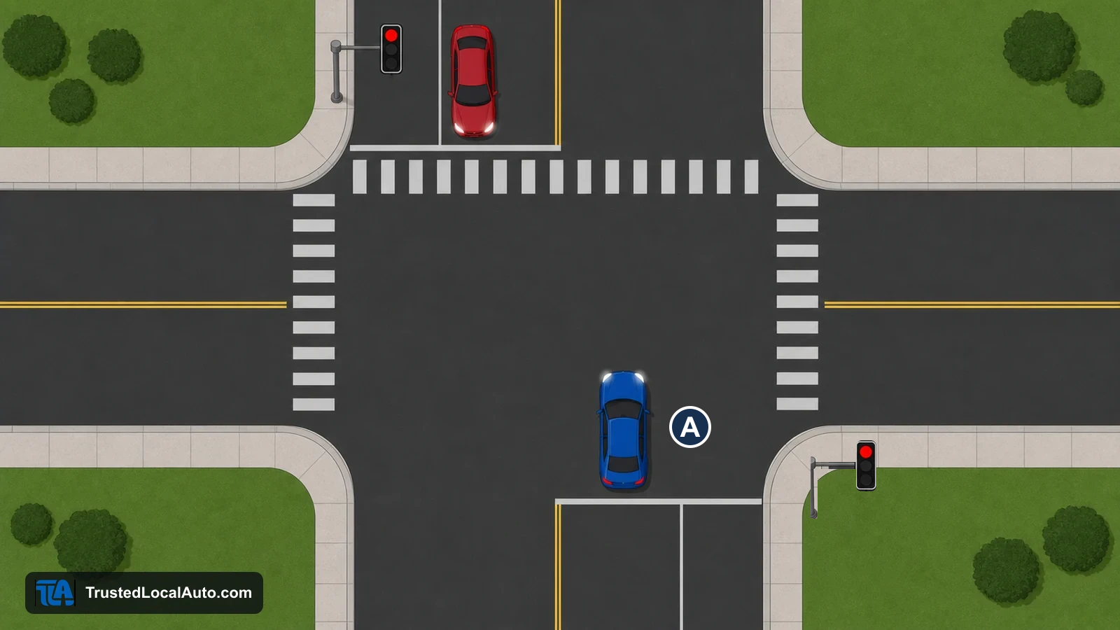 Blue car A is beyond the south stop line inside a four-way intersection. The signal beside its approach shows red. An opposing red car is behind its stop line.