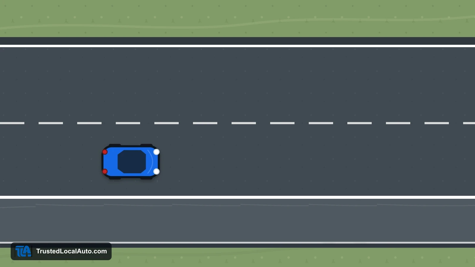 A blue car is in a freeway traffic lane beside a clear paved shoulder. No stopped vehicles, debris or emergency examples are shown.
