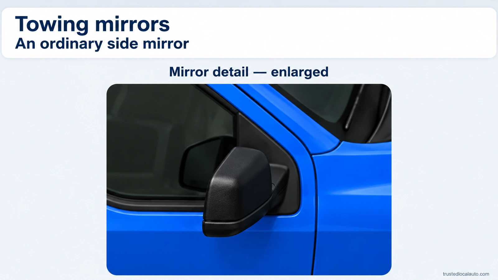 An enlarged ordinary side mirror on a blue towing vehicle.