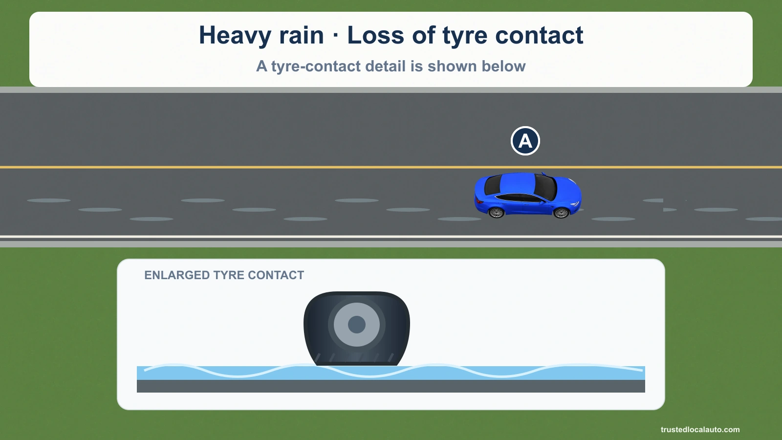 Blue A travels on a wet road; an enlarged tire detail shows a water layer separating the tire from the road.