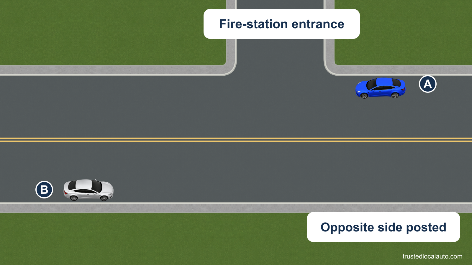 A is parked beside the curb on the side of a fire-station entrance. B is parked beside the opposite curb where the restriction is posted. No clearance numbers are given.