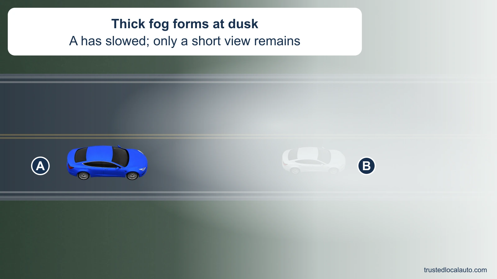 A travels on a rural two-lane road as thick fog forms at dusk. The road markings and silver car B ahead fade into the fog; the card states that A has slowed and has only a short view.